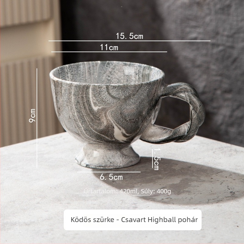 Márvány mintás kávéscsésze és alátét készlet, nagy kapacitású, csavart fogantyúval, latte art-hoz