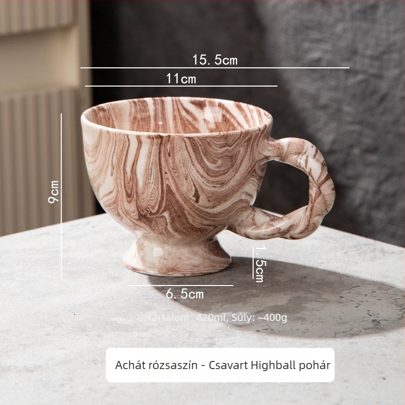 Márvány mintás kávéscsésze és alátét készlet, nagy kapacitású, csavart fogantyúval, latte art-hoz
