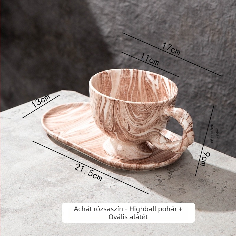 Márvány mintás kávéscsésze és alátét készlet, nagy kapacitású, csavart fogantyúval, latte art-hoz