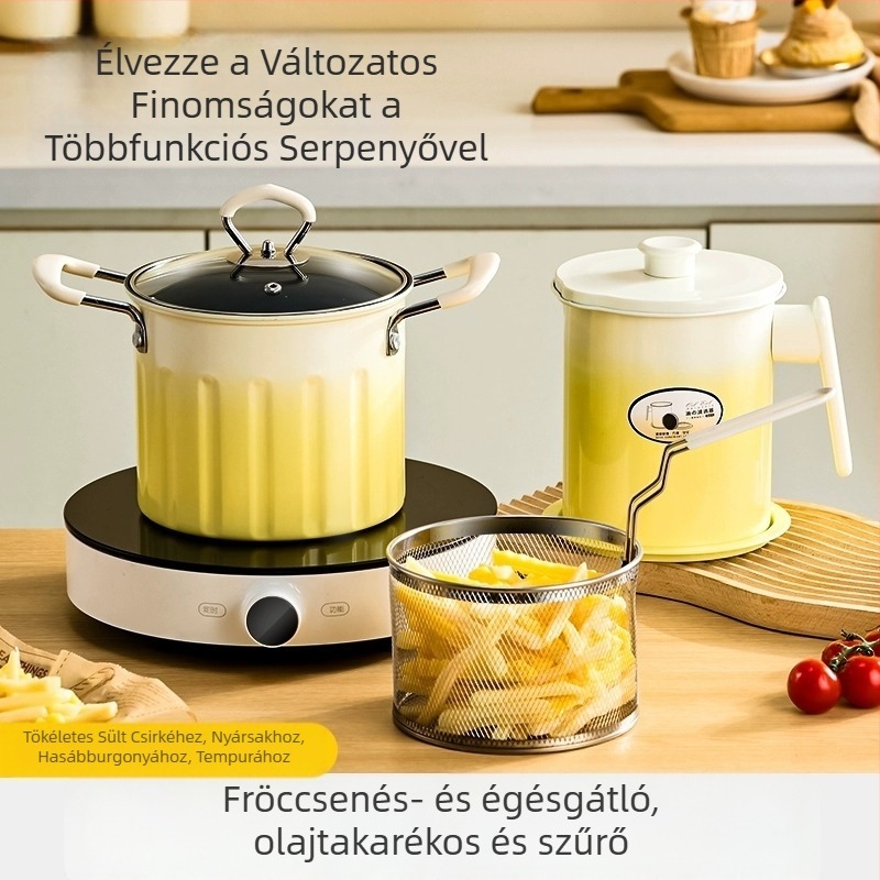 Háztartási kompakt fritőz tempura és nyárson sült ételekhez, égésvédő fogantyúval és 304 rozsdamentes acél szűrővel, többfunkciós fritőz