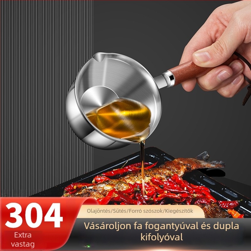 304 rozsdamentes acél olajöntő edény otthoni használatra, mini edény tölgyfa fogantyúval, tapadásmentes, tej melegítésére