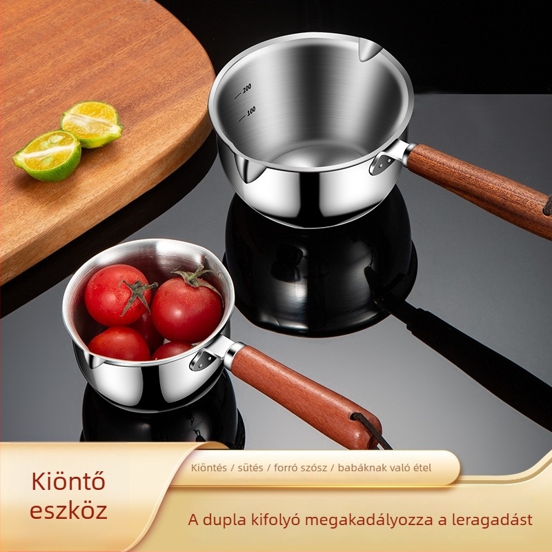 304 rozsdamentes acél olajöntő edény otthoni használatra, mini edény tölgyfa fogantyúval, tapadásmentes, tej melegítésére