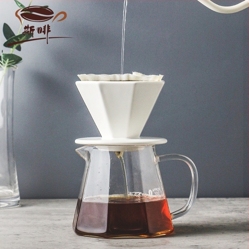 Nyolcszögletes üveg pour-over kancsó és nyolcszögletű kerámia szűrő – kézi kávékészítő készlet
