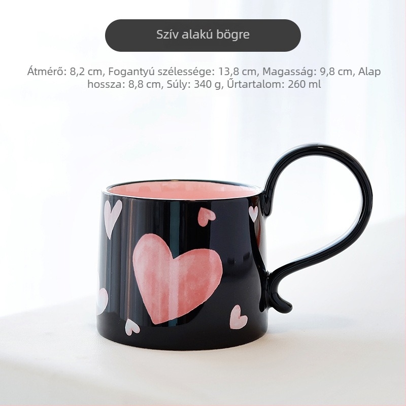 Szív mintás kerámia kávéscsésze és alátét készlet, kézzel készített, letisztult modern stílus