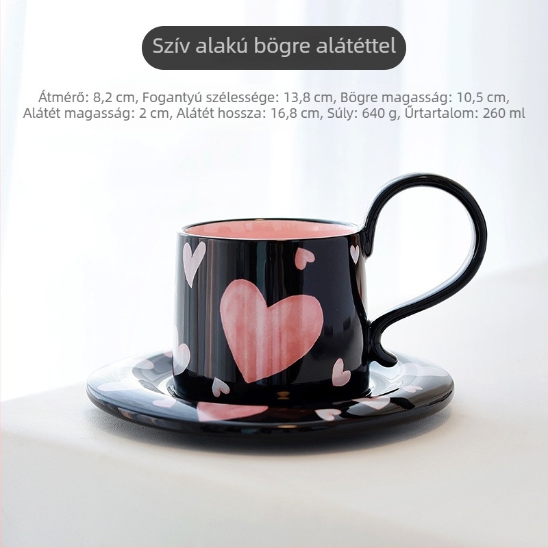 Szív mintás kerámia kávéscsésze és alátét készlet, kézzel készített, letisztult modern stílus