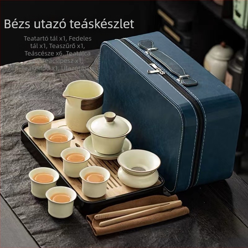 Ru Kiln stílusú utazó teáskészlet, Kung Fu teáskanna, kerámia teáscsészék és teás tálca