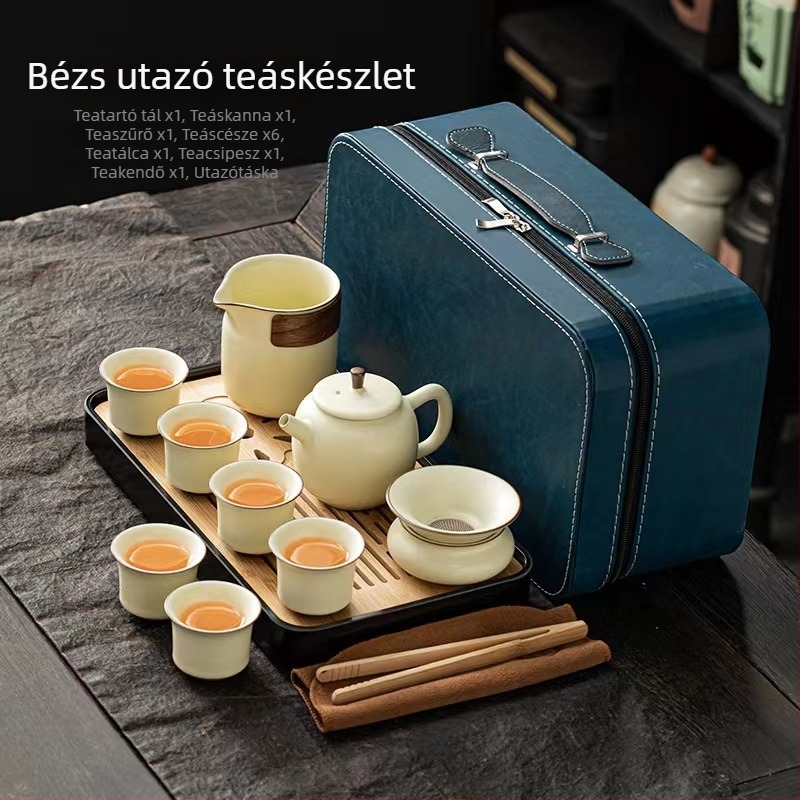 Ru Kiln stílusú utazó teáskészlet, Kung Fu teáskanna, kerámia teáscsészék és teás tálca