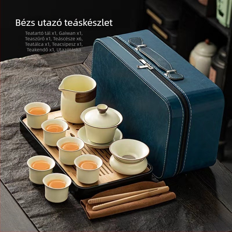 Ru Kiln stílusú utazó teáskészlet, Kung Fu teáskanna, kerámia teáscsészék és teás tálca