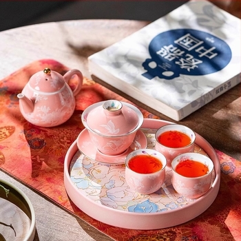 Pastell díszítésű gaiwan teás készlet csészével, 3 részes, nőknek