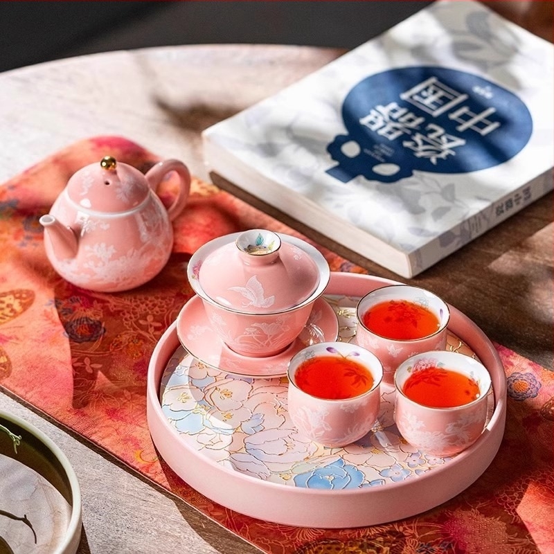 Pastell díszítésű gaiwan teás készlet csészével, 3 részes, nőknek
