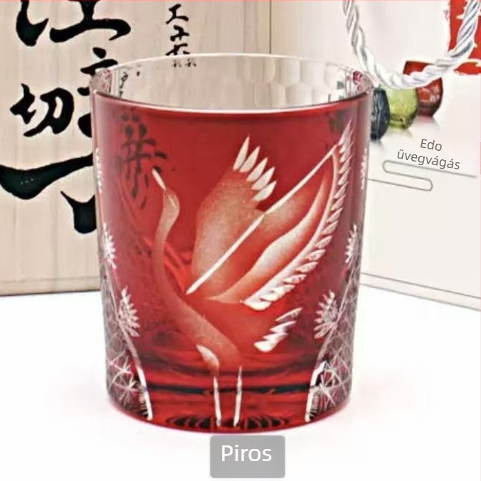 Gold japán Edo Kiriko kézzel faragott whiskey pohár, retro kristály pohár Linglong Bay
