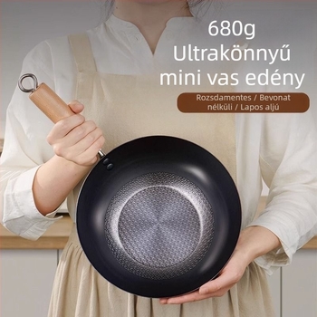 Japán stílusú wok egy kézzel használható, sík aljú, egy személyre, bevonat nélküli vasból, otthoni használatra – sütés, főzés, párolás, wokosítás