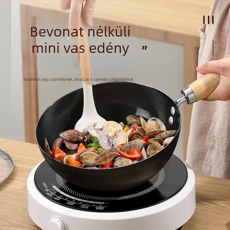 Japán stílusú wok egy kézzel használható, sík aljú, egy személyre, bevonat nélküli vasból, otthoni használatra – sütés, főzés, párolás, wokosítás