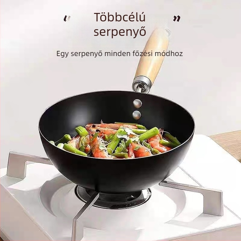 Japán stílusú wok egy kézzel használható, sík aljú, egy személyre, bevonat nélküli vasból, otthoni használatra – sütés, főzés, párolás, wokosítás