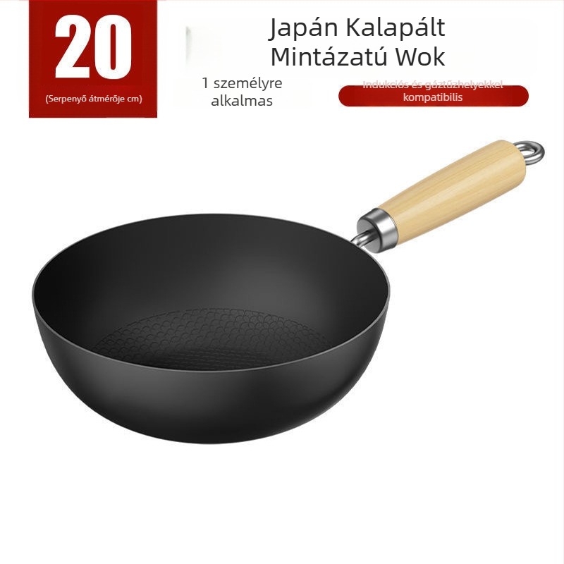 Japán stílusú wok egy kézzel használható, sík aljú, egy személyre, bevonat nélküli vasból, otthoni használatra – sütés, főzés, párolás, wokosítás