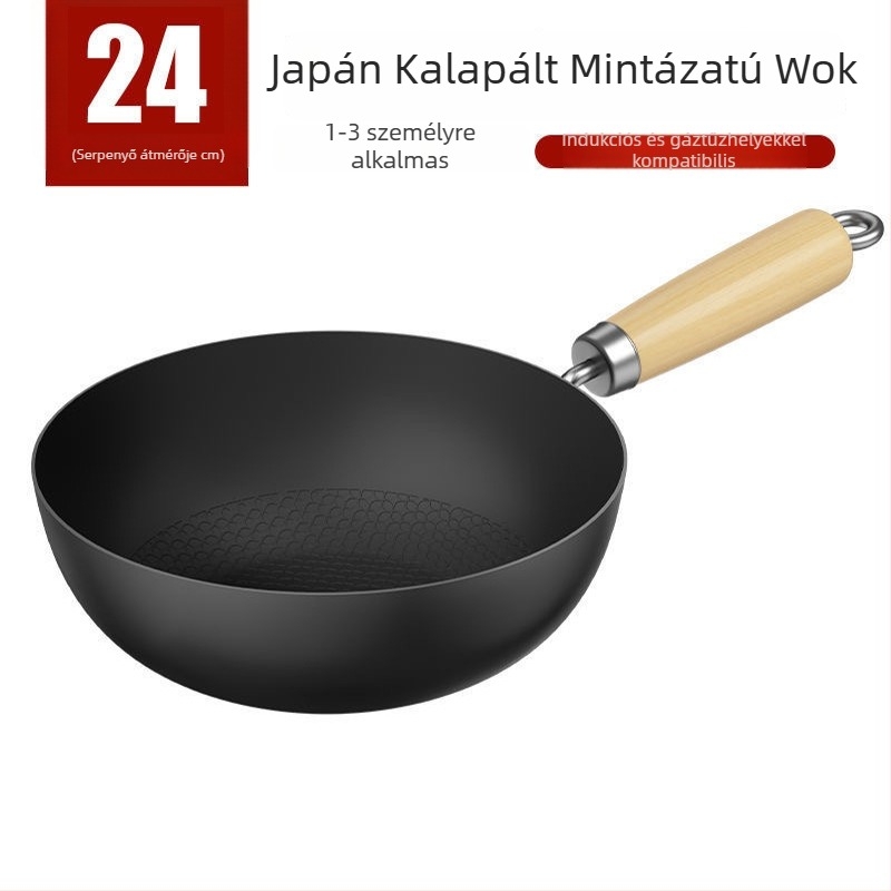 Japán stílusú wok egy kézzel használható, sík aljú, egy személyre, bevonat nélküli vasból, otthoni használatra – sütés, főzés, párolás, wokosítás