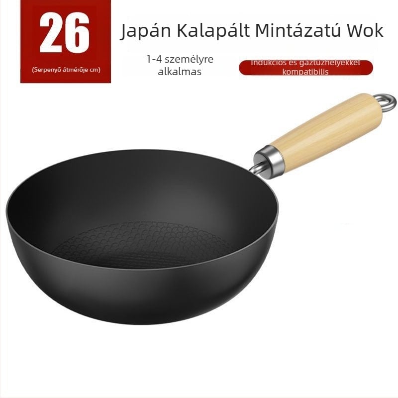 Japán stílusú wok egy kézzel használható, sík aljú, egy személyre, bevonat nélküli vasból, otthoni használatra – sütés, főzés, párolás, wokosítás