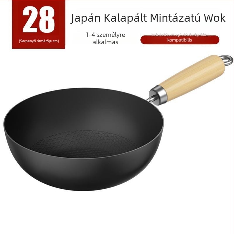 Japán stílusú wok egy kézzel használható, sík aljú, egy személyre, bevonat nélküli vasból, otthoni használatra – sütés, főzés, párolás, wokosítás