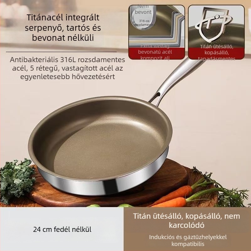 316L rozsdamentes acél nem tapadó serpenyő, lapos alj, indukciós és gáztűzhelyhez egyaránt használható, kereskedelmi használatra