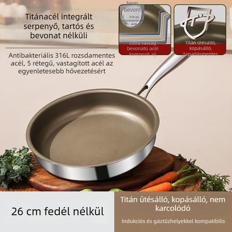 316L rozsdamentes acél nem tapadó serpenyő, lapos alj, indukciós és gáztűzhelyhez egyaránt használható, kereskedelmi használatra