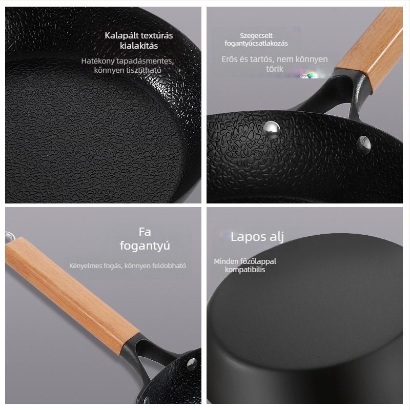 Kalapált vasból készült wok gáztűzhelyhez, tapadásmentes serpenyő steakhez