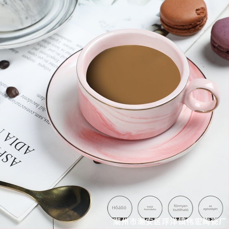 Mini porcelán kávéscsésze és alátét készlet, nordic stílus, márvány mintázat, elegáns dizájn