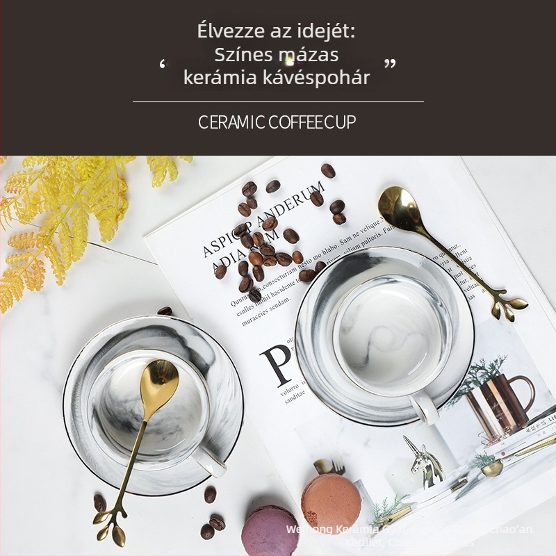 Mini porcelán kávéscsésze és alátét készlet, nordic stílus, márvány mintázat, elegáns dizájn