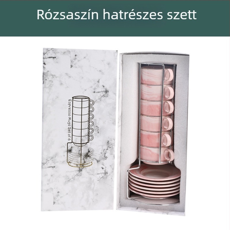 Mini porcelán kávéscsésze és alátét készlet, nordic stílus, márvány mintázat, elegáns dizájn