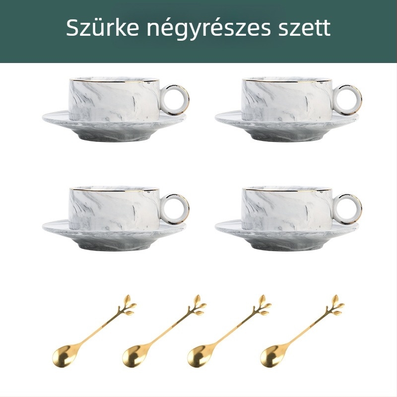 Mini porcelán kávéscsésze és alátét készlet, nordic stílus, márvány mintázat, elegáns dizájn