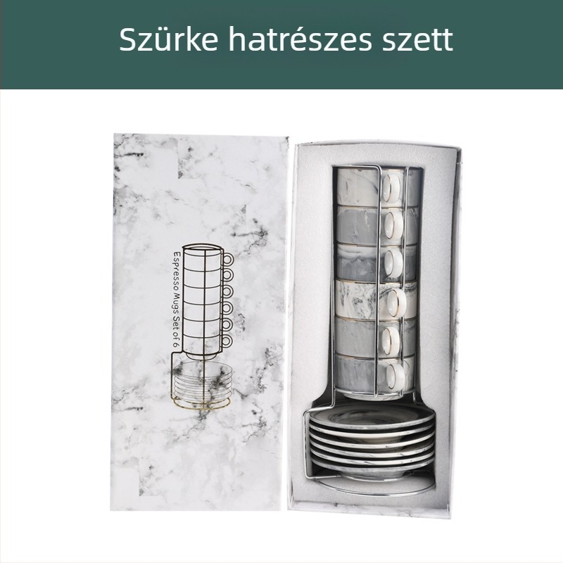 Mini porcelán kávéscsésze és alátét készlet, nordic stílus, márvány mintázat, elegáns dizájn