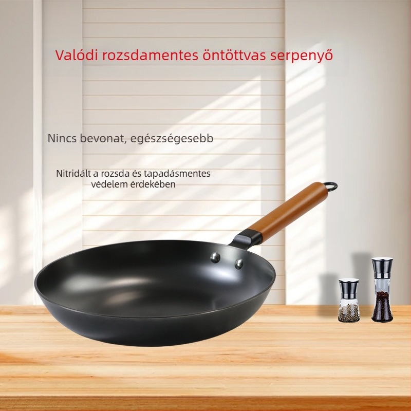 Bevonat nélküli öntöttvas serpenyő, sík aljzatú, régi stílusú, tojás- és palacsintasütésre