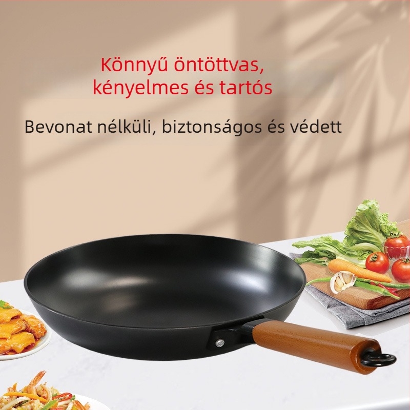 Bevonat nélküli öntöttvas serpenyő, sík aljzatú, régi stílusú, tojás- és palacsintasütésre