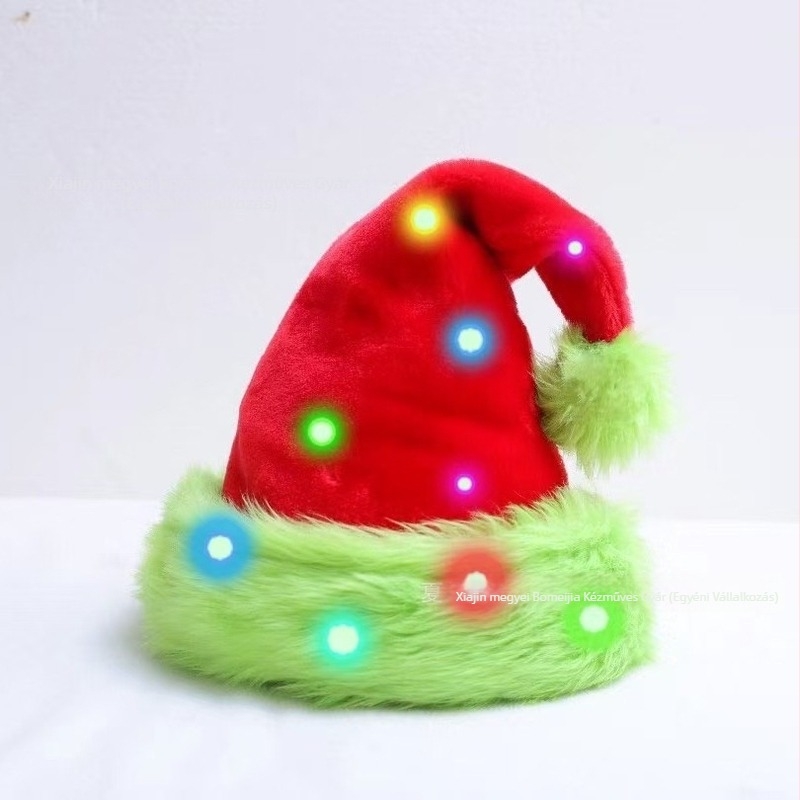 Textilből készült karácsonyi sapka, dupla rétegű velúr, neon zöld színű, piros díszítő elemekkel