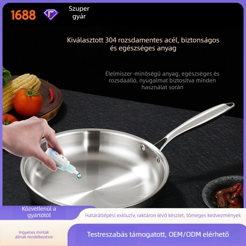 304 rozsdamentes acél bevonat nélküli serpenyő, lapos aljzattal, otthoni konyhához, steak sütésére