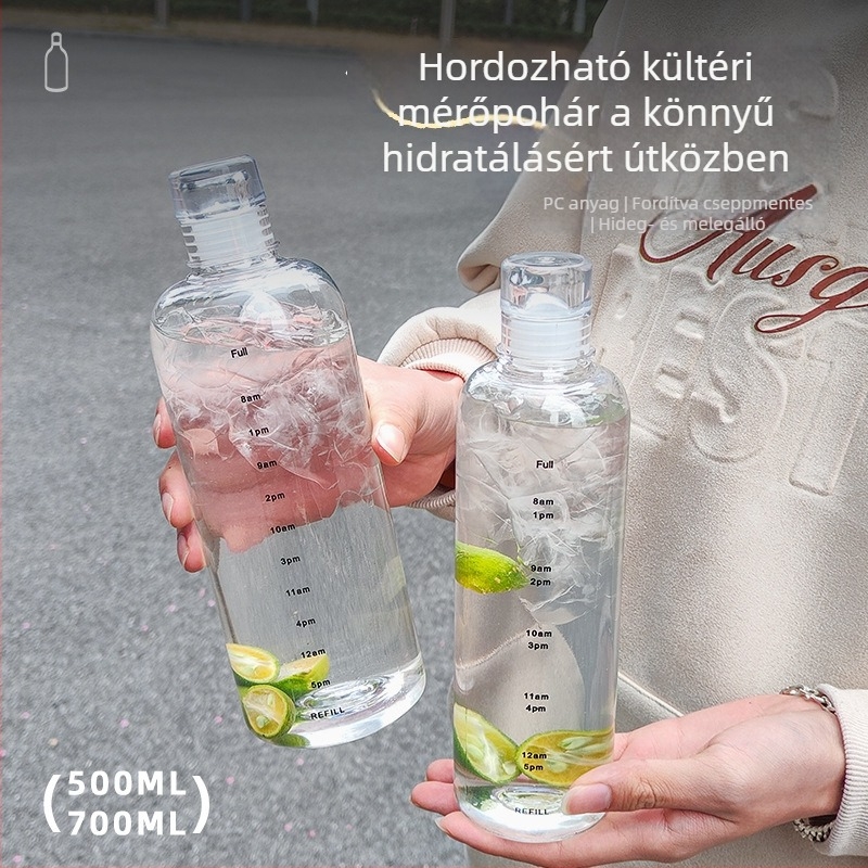 Mérőskálás műanyag vízpalack, hordozható kültéri sportos palack, elegáns, testreszabható dizájn
