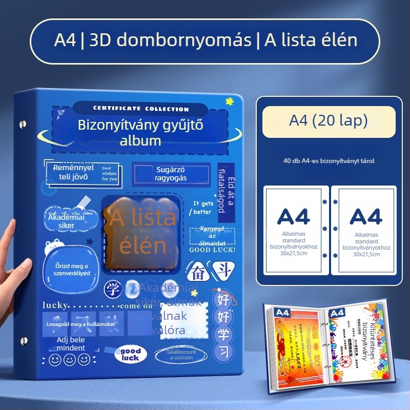 A4-es bizonyítványgyűjtemény könyv gyerekeknek, A3-as oldalakkal a bizonyítványokhoz, akasztóval