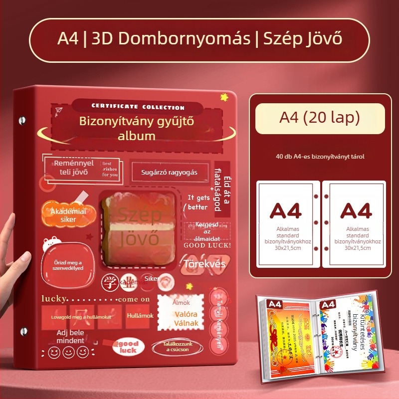 A4-es bizonyítványgyűjtemény könyv gyerekeknek, A3-as oldalakkal a bizonyítványokhoz, akasztóval