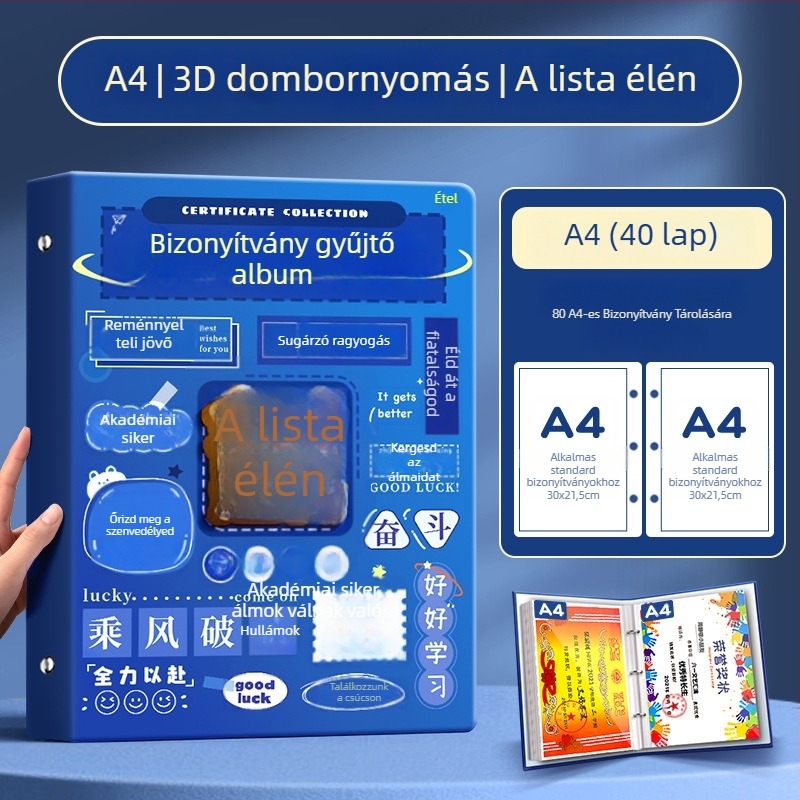 A4-es bizonyítványgyűjtemény könyv gyerekeknek, A3-as oldalakkal a bizonyítványokhoz, akasztóval