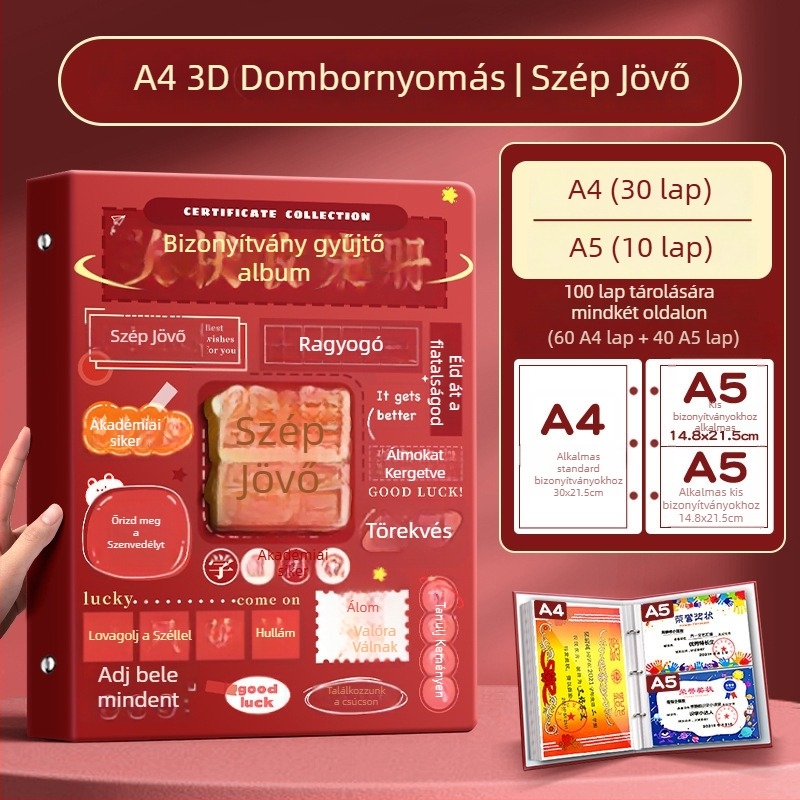 A4-es bizonyítványgyűjtemény könyv gyerekeknek, A3-as oldalakkal a bizonyítványokhoz, akasztóval
