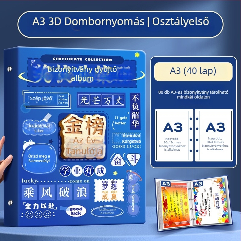 A4-es bizonyítványgyűjtemény könyv gyerekeknek, A3-as oldalakkal a bizonyítványokhoz, akasztóval