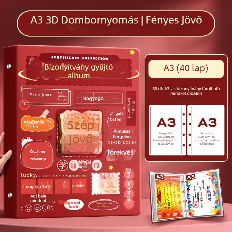 A4-es bizonyítványgyűjtemény könyv gyerekeknek, A3-as oldalakkal a bizonyítványokhoz, akasztóval