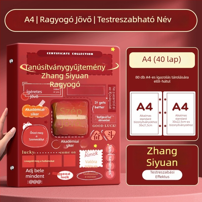 A4-es bizonyítványgyűjtemény könyv gyerekeknek, A3-as oldalakkal a bizonyítványokhoz, akasztóval