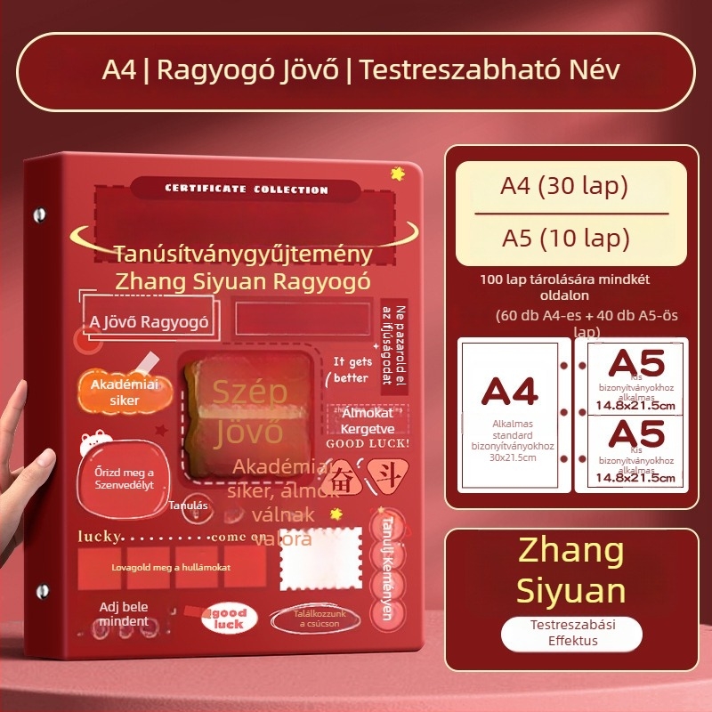 A4-es bizonyítványgyűjtemény könyv gyerekeknek, A3-as oldalakkal a bizonyítványokhoz, akasztóval