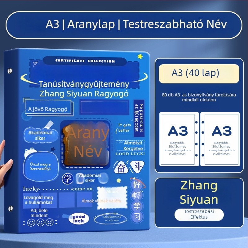 A4-es bizonyítványgyűjtemény könyv gyerekeknek, A3-as oldalakkal a bizonyítványokhoz, akasztóval