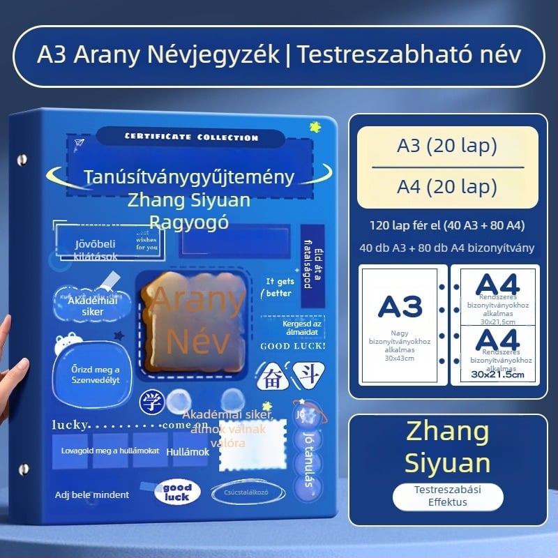 A4-es bizonyítványgyűjtemény könyv gyerekeknek, A3-as oldalakkal a bizonyítványokhoz, akasztóval