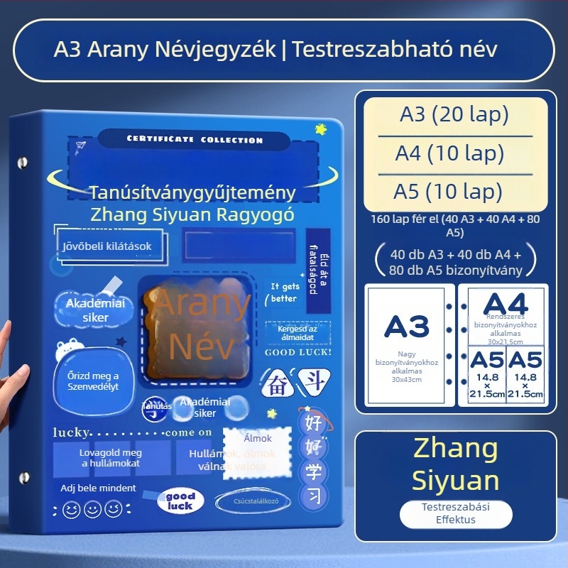 A4-es bizonyítványgyűjtemény könyv gyerekeknek, A3-as oldalakkal a bizonyítványokhoz, akasztóval