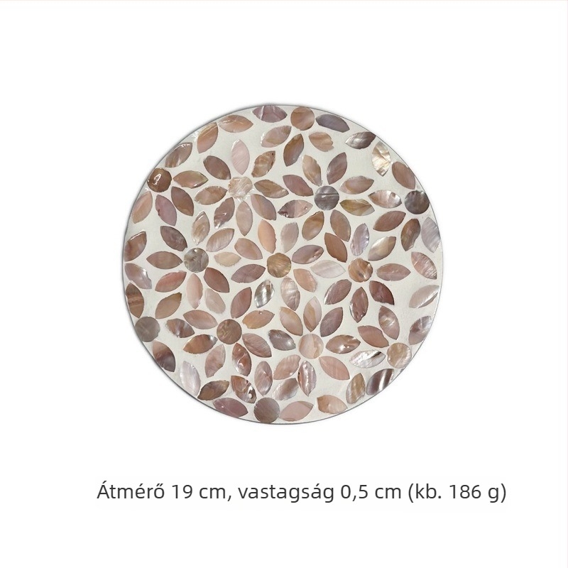 Kerek fa étkészlet alátét festett kagylóbevonattal, virágos mintával, nordic stílus