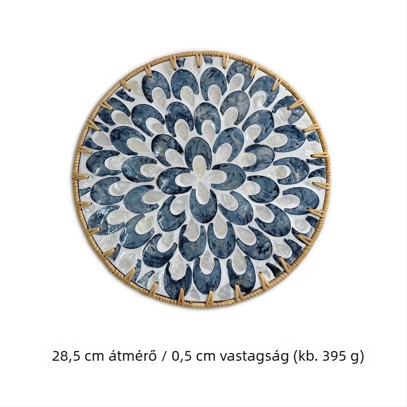 Kerek fa étkészlet alátét festett kagylóbevonattal, virágos mintával, nordic stílus