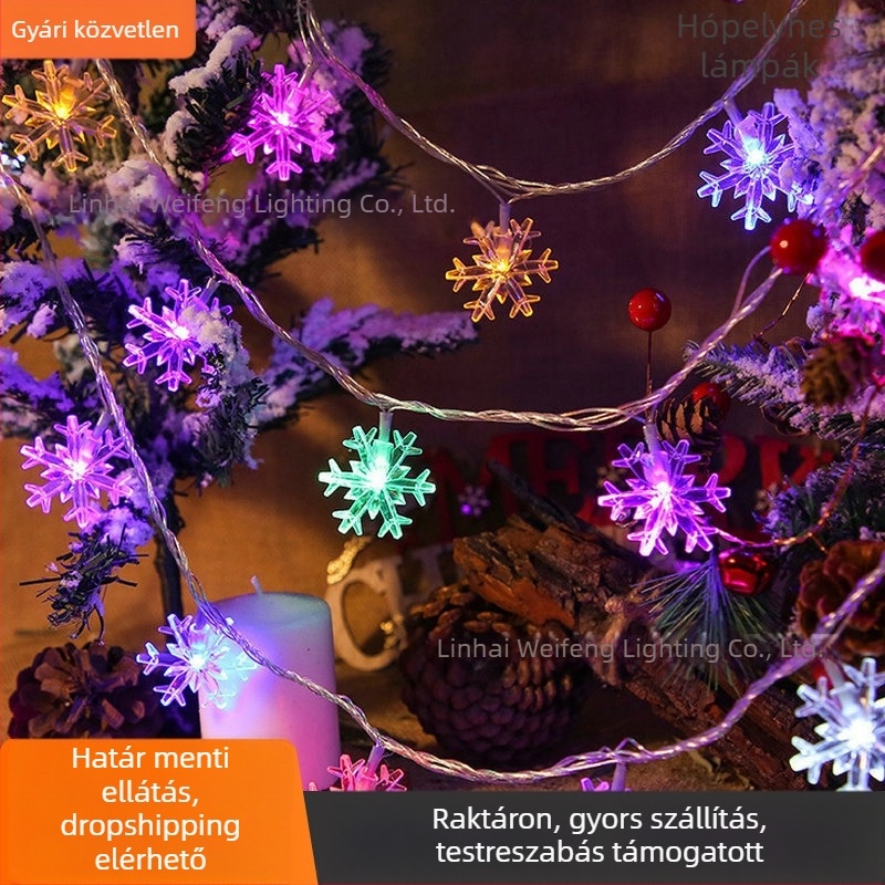 LED fényfüzér havas hópehelyekkel és csillagos villogó hatással karácsonyi dekorációhoz, kis LED lámpák az ablakhoz, akkumulátoros működés