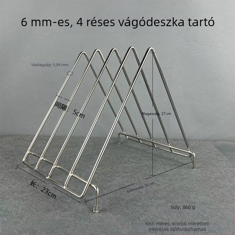Háromszög alakú vágódeszka tartó rozsdamentes acéldrót kerettel, leeresztő állvány műanyag vágódeszkákhoz; 6, 3, 4 és 10 rekesz.